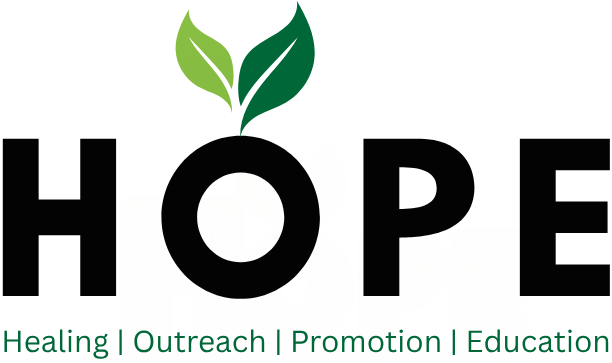 HOPE logo. Hope stands for "Healing, Outreach, Promotion, and Education"